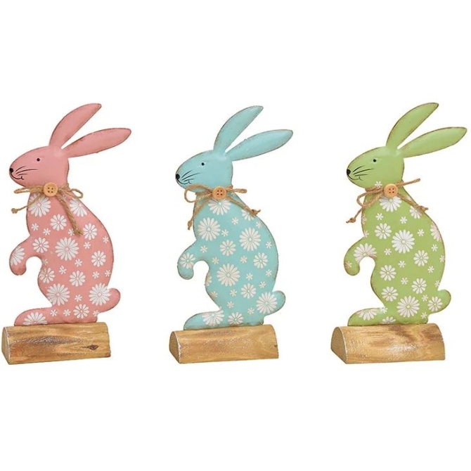 1 Lapin en Mtal sur Socle en Bois - 22 cm Rose 