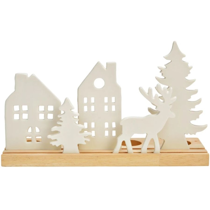 Arrangement de l Avent Blanc  Maison,  Sapin et Cerf en Porcelaine et Bois 