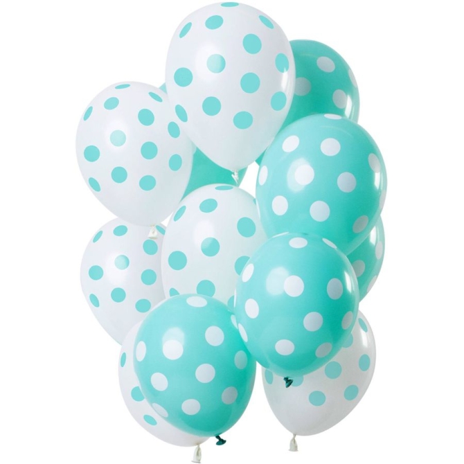 Bouquet 12 Ballons  Pois Menthe et Blanc 