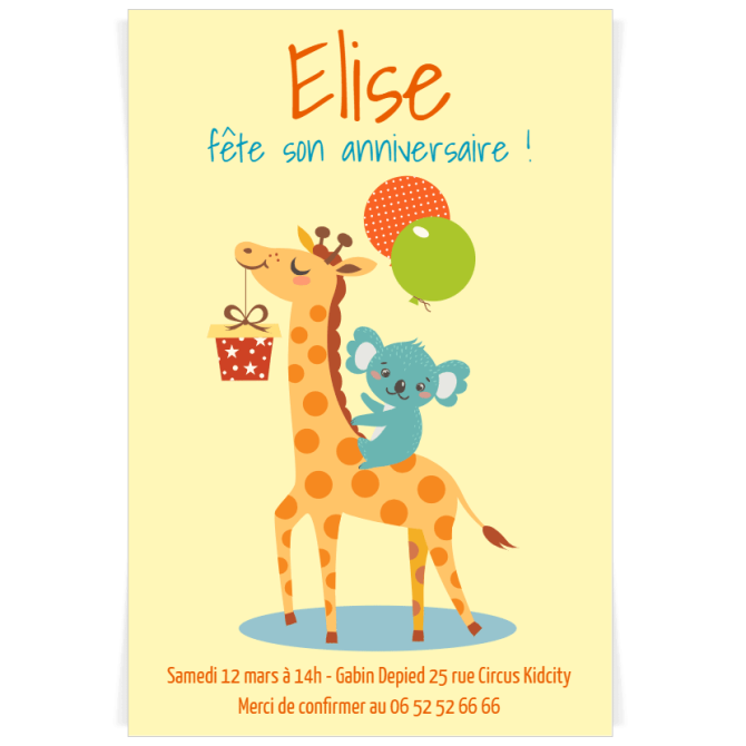 Invitation  personnaliser - Girafe Happy Birthday 