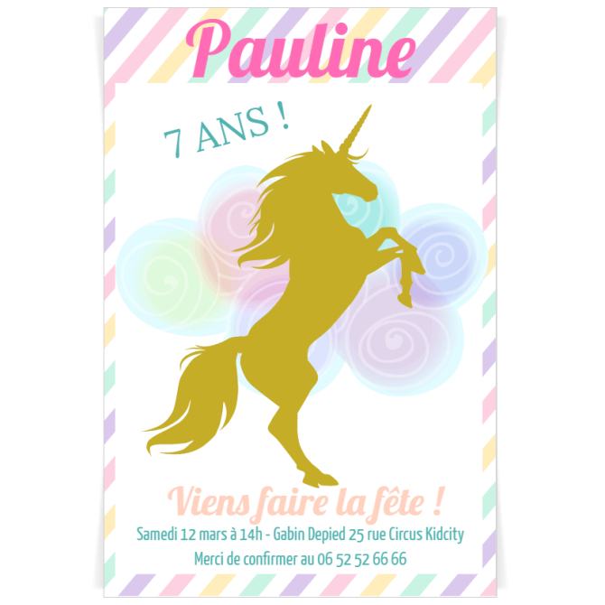 Invitation  personnaliser - Licorne Or Nuages 