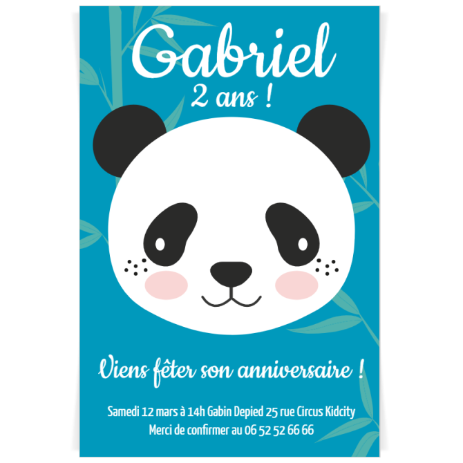 Invitation  personnaliser - Panda Bleu 