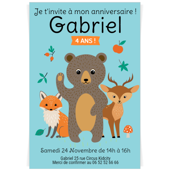 Invitation  personnaliser - Animaux de la Fort Bleu 