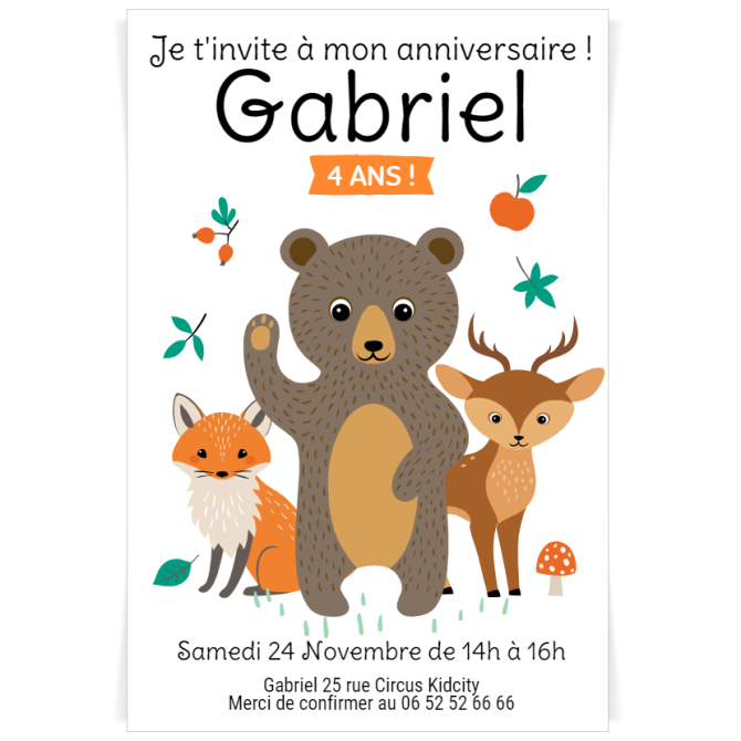 Invitation  personnaliser - Animaux de la Fort Blanc 