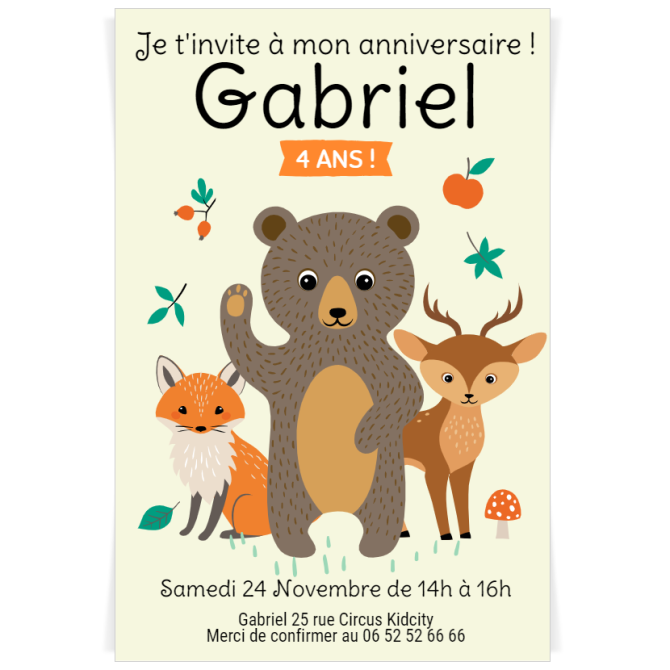 Invitation  personnaliser - Animaux de la Fort Jaune 