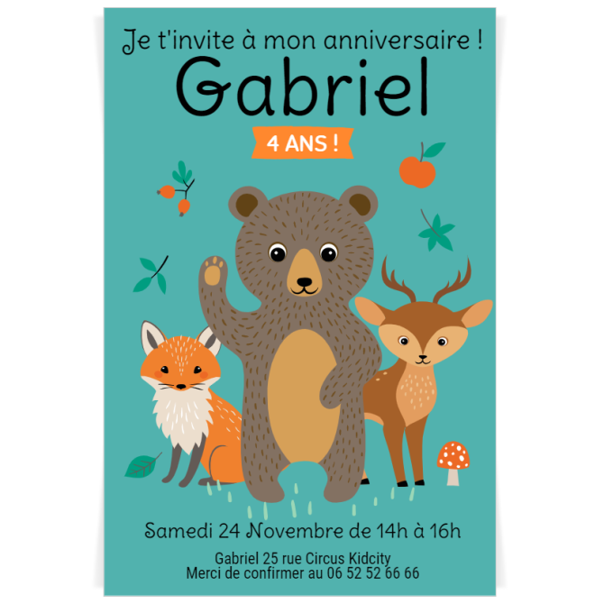 Invitation  personnaliser - Animaux de la Fort Vert 