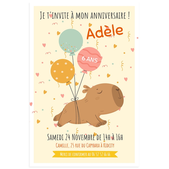 Invitation à personnaliser - Capybara ballons