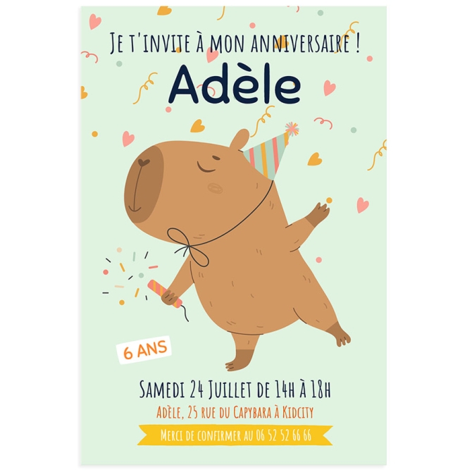 Invitation à personnaliser - Capybara confettis